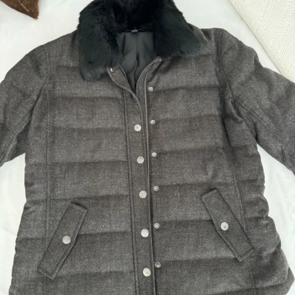 Loro Piana for Brooks Brothers Wool & Duck Down Coat w Rabbit Fur Collar sz 14/L